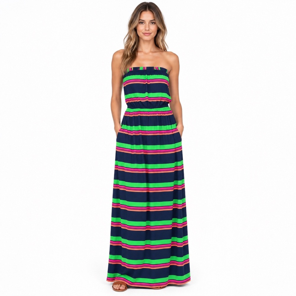 Splendid Multi Color Striped Strapless Maxi Dress Small Beach Vacation Resort